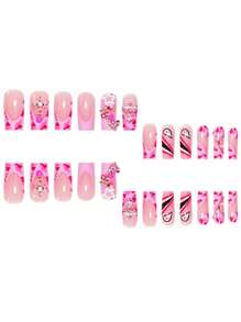 Luxury Sweet Cool High-End Design Cherry Star Heart Flashing Rhinestone Star European And American Wearable Nails European Square Medium False Nails Suitable For Girls And Women Gifts With Jelly Glue And Nail File