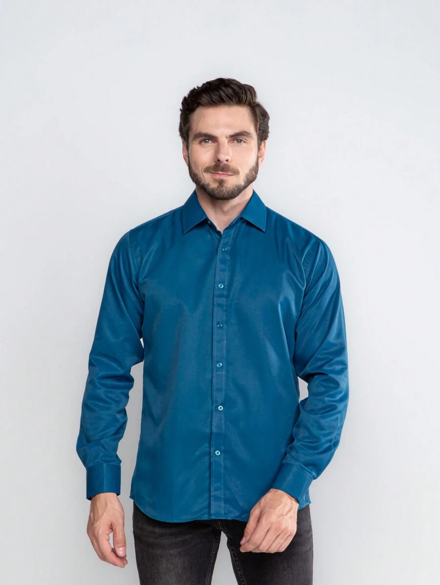 Men's Plain Wrinkle-Free Dress Shirt - Medium Wash - View 1