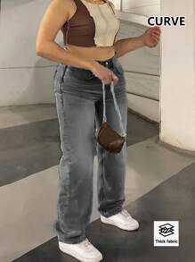 Cross Border New European And American Street Style Simple Daily Basic Versatile Casual Women's Plus Size Mid Waist Waist Elastic Straight Leg Pants Jeans - Ash - View 3