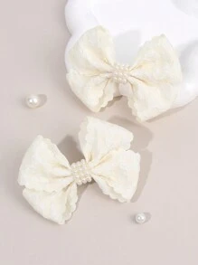 2pcs White Hair Bow Clips For Girls,Fabric Yarn Pearl Hair Bows Clips For Kids,Fashion Alligator Clips Decor Hair Accessories For Toddlers Gifts