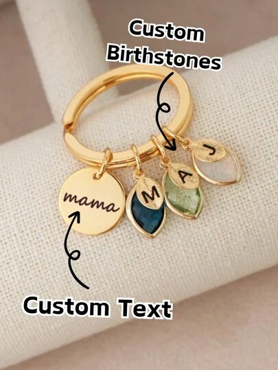 1pc Personalized Birthday Stone Keychain, Can Be Engraved With Name, Metal Keyring, Gift For Mom, Leaf Letter Design, Heart Pendant, Customizable Mother's Day Gift, Also Suitable For Birthday, Anniversary And Various Celebrations, Gift For Boyfriend, Girlfriend, Family, Friends