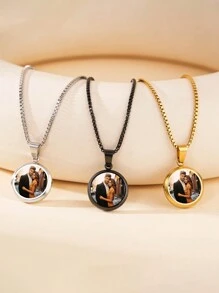 Customizable Photo Print Necklace, Geometric Circle Shape Can Be Engraved With Photos, Pendant Necklace For Mother's Day, Couples
