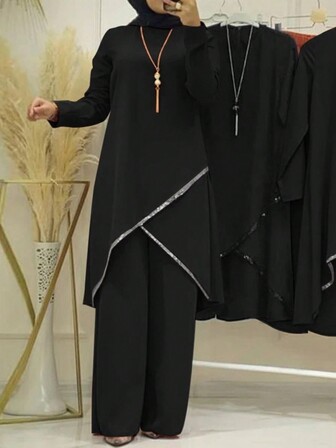 Women Color Block Long Sleeve Simple Casual Long Style Arabic Clothing Set,Modest