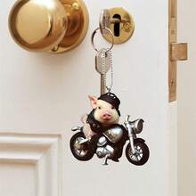 1pc Cute Pig Riding Bicycle Decor Acrylic Hanging Ornament, Car Interior Accessory, Backpack Charm, Home Decor - Multicolor - View 5