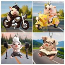 1pc Cute Pig Riding Bicycle Decor Acrylic Hanging Ornament, Car Interior Accessory, Backpack Charm, Home Decor - Multicolor - View 1