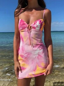 夏季吊带海滩度假性感连衣裙 - 粉色 - 查看 3