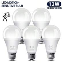 12W 人体感应 LED 灯泡 E26 灯头，6000K 冷白光/3000K 暖白光，AC80-265V，雷达感应，黄昏到黎明自动开关，适用于走廊、楼梯、车库等场所的安防照明，5 个装 - 白色 - 12W - 查看 3