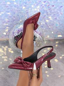 Bow Decor Chunky Heel Pointed Toe D'orsay Sandals - Burgundy - View 2