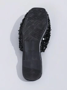New Fashion Women Flat Slippers With Rhinestones & Sequins - Black - View 7