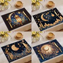 Juego de manteles individuales de Ramadán Kareem de 1/2/4 piezas, manteles individuales de Eid Mubarak de 12x18 pulgadas con lámpara de luna y estrella, manteles individuales rústicos de granja para mesa de comedor, muchos diseños y cantidad de manteles individuales