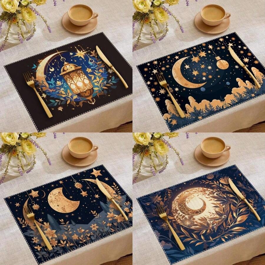 Juego de manteles individuales de Ramadán Kareem de 1/2/4 piezas, manteles individuales de Eid Mubarak de 12x18 pulgadas con lámpara de luna y estrella, manteles individuales rústicos de granja para mesa de comedor, muchos diseños y cantidad de manteles individuales