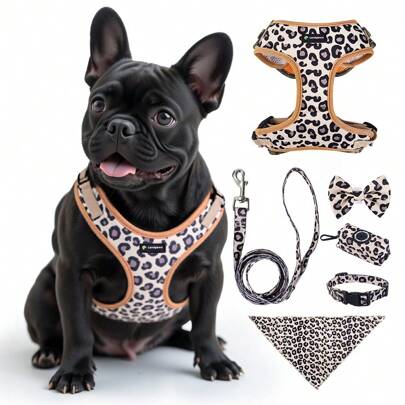 6pcs Pet Dog Outdoor Travel Set: Leopard Print Harness, Leash, Collar, Bow Tie, Flag & Poop Bag Holder, Adjustable Fit For All Dog Sizes
