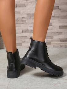 Modische Plateau Kampfstiefel für Damen, im britischen Stil, vielseitig einsetzbare neue Mode Ankle Boots für Frühling/Sommer, Plateau Stiefeletten, ‚Ins Style' - Schwarz - Übersicht 4