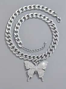 2 件银蝴蝶吊坠链项链和手链套装，男女皆宜的嘻哈珠宝，情人节和母亲节礼物，适合她和他、妈妈、母亲、母亲节、礼物的时尚配饰