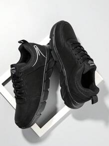 男士时尚彩色块字母系带低帮休闲运动鞋，适合日常、户外、轻便、舒适的厚底跑步运动鞋 - 黑色 - 查看 4