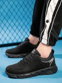 男士时尚彩色块字母系带低帮休闲运动鞋，适合日常、户外、轻便、舒适的厚底跑步运动鞋 - 黑色 - 查看 2