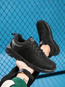 男士时尚彩色块字母系带低帮休闲运动鞋，适合日常、户外、轻便、舒适的厚底跑步运动鞋 - 黑色 - 查看 3