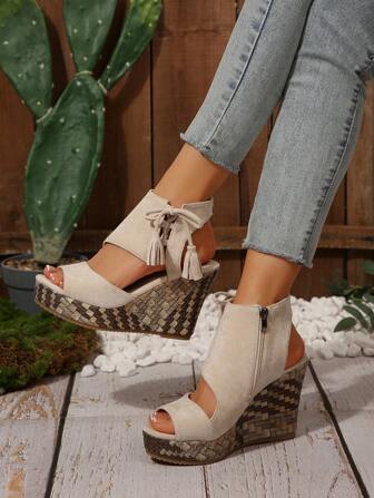 Women's Platform Wedge High Heel Peep Toe Summer Sandals With Side Zipper, Casual Roman Style