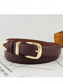 1 Piece 3cm Litchi Embossed Belt, Versatile Style, Metal Buckle For Everyday Use With Leather Lining - Coffee Brown - View 3