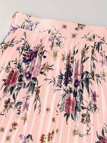 女士缎面印花系带百褶优雅半身裙 - 粉色 - 查看 4