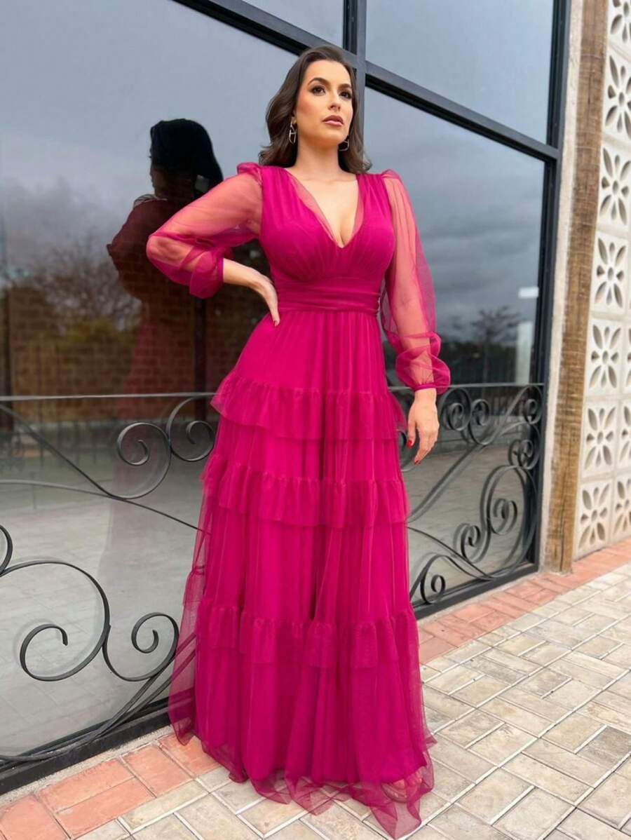 LONG DRESS FOR WEDDING BRIDESMAID TULLE LAYERS LONG SLEEVES - Rose Red - View 1