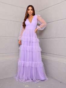 LONG DRESS FOR WEDDING BRIDESMAID TULLE LAYERS LONG SLEEVES - Lila Púrpura - Ver 1