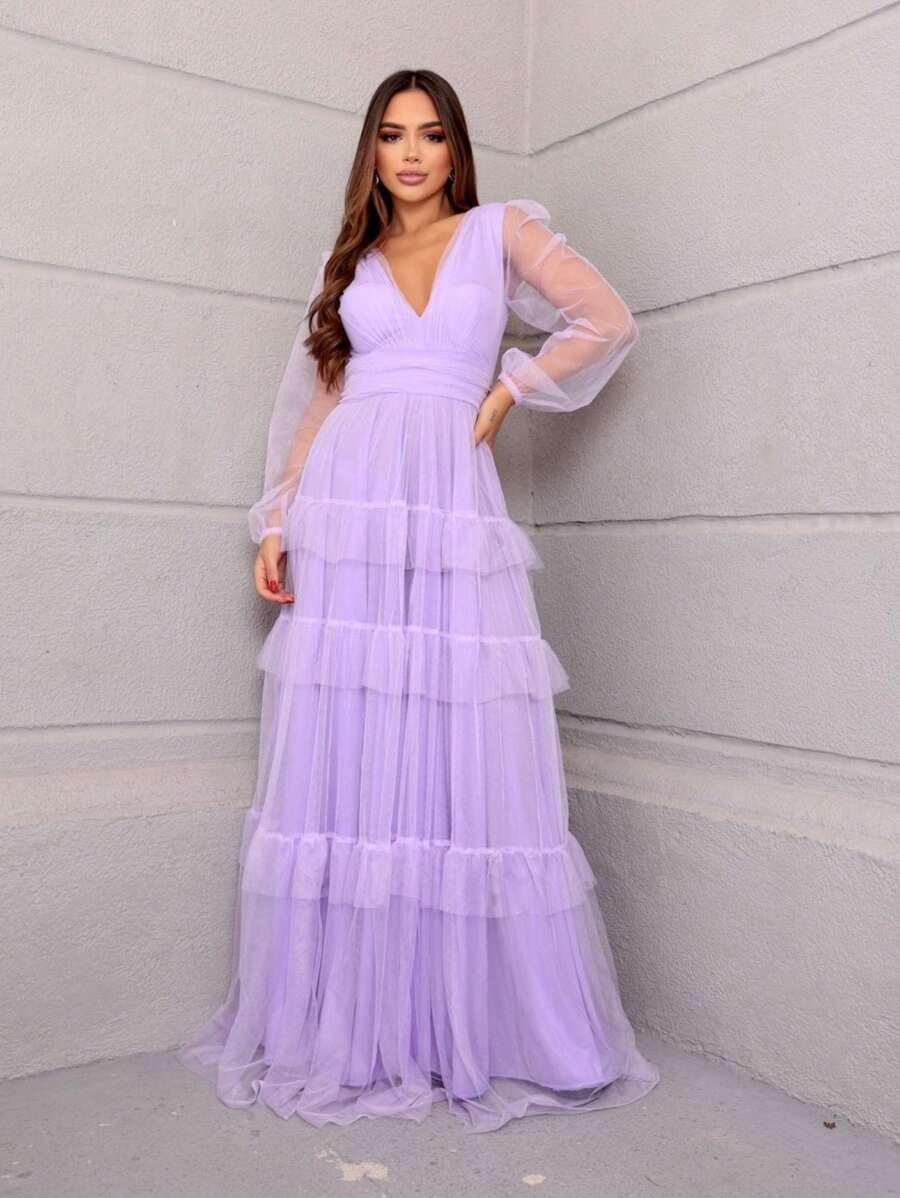 LONG DRESS FOR WEDDING BRIDESMAID TULLE LAYERS LONG SLEEVES - Lila Púrpura - Ver 1