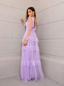 LONG DRESS FOR WEDDING BRIDESMAID TULLE LAYERS LONG SLEEVES - Lila Púrpura - Ver 2