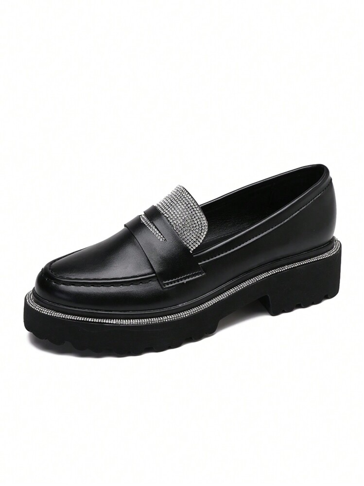 Women's Fashion Comfortable Rhinestone Thick Sole Loafers - Black - View 2