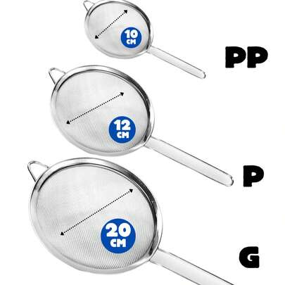 Kit 3 Peneiras de Aço Inox para Cozinha Tamanhos de 10cm 12cm e 20cm
