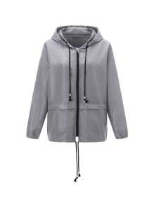 Women Packable Rain Jacket, Outdoor Hooded Windbreaker With Adjustable Drawstring - Grey - View 6