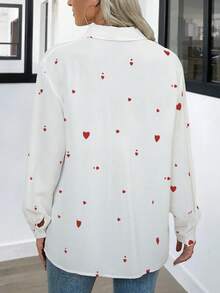 White Red Heart Collar Blouse, Office Lady Style For Valentine's Day - Red and White - View 3