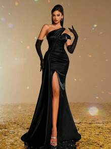 Smilprince 女士优雅不对称领口缎面礼服，高开衩设计，配可拆卸蕾丝手套，正式晚礼服，婚礼宾客礼服，派对礼服，情人节春季黑色 - 黑色 - 查看 7