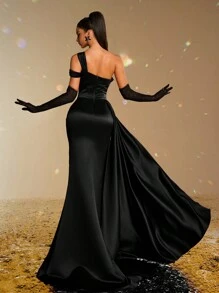 Smilprince 女士优雅不对称领口缎面礼服，高开衩设计，配可拆卸蕾丝手套，正式晚礼服，婚礼宾客礼服，派对礼服，情人节春季黑色 - 黑色 - 查看 2