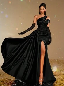 Smilprince 女士优雅不对称领口缎面礼服，高开衩设计，配可拆卸蕾丝手套，正式晚礼服，婚礼宾客礼服，派对礼服，情人节春季黑色 - 黑色 - 查看 5