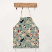 1 件装鸡图案亚麻围裙，创意趣味印花防水防油家居清洁围裙，易于清洁的厨房烹饪烘焙围裙，创意家居围裙，工作服