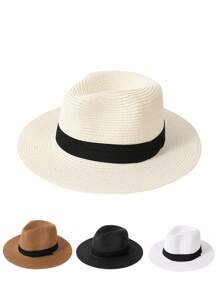 1pc Unisex Two Tone Boho Jazz Panama Sun Visor Beach Straw Hat - Khaki - View 1