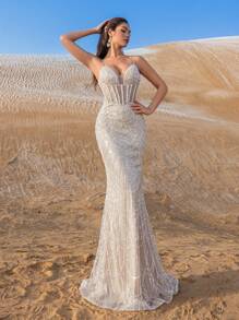 Faeriesty Haute Glamour 优雅细肩带串珠亮片鱼尾晚礼服，优雅正式礼服，适合春夏秋季 - 红毯、婚宴、庆典、正式晚会、名人派对 - 香檳色 - 查看 8