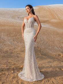 Faeriesty Haute Glamour 优雅细肩带串珠亮片鱼尾晚礼服，优雅正式礼服，适合春夏秋季 - 红毯、婚宴、庆典、正式晚会、名人派对 - 香檳色 - 查看 7