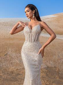 Faeriesty Haute Glamour 优雅细肩带串珠亮片鱼尾晚礼服，优雅正式礼服，适合春夏秋季 - 红毯、婚宴、庆典、正式晚会、名人派对 - 香檳色 - 查看 6