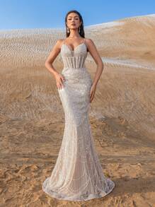 Faeriesty Haute Glamour 优雅细肩带串珠亮片鱼尾晚礼服，优雅正式礼服，适合春夏秋季 - 红毯、婚宴、庆典、正式晚会、名人派对 - 香檳色 - 查看 5