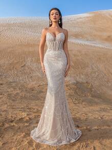 Faeriesty Haute Glamour 优雅细肩带串珠亮片鱼尾晚礼服，优雅正式礼服，适合春夏秋季 - 红毯、婚宴、庆典、正式晚会、名人派对 - 香檳色 - 查看 4