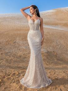 Faeriesty Haute Glamour 优雅细肩带串珠亮片鱼尾晚礼服，优雅正式礼服，适合春夏秋季 - 红毯、婚宴、庆典、正式晚会、名人派对 - 香檳色 - 查看 2