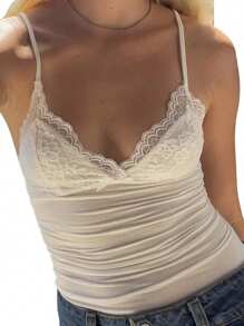 Women's Lace Patchwork Cami Tops Summer Spaghetti Strap V Neck Camisole Basic Tank Tops - White - View 2