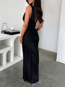 Look Polly 女士夏季连衣裙，纯色真丝吊带长裙，适合婚礼、秋季、返校季穿着，露肩正式礼服，优雅性感V领长裙 - 黑色 - 查看 6