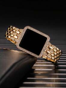 1pc Women's Casual Simple Fashion Digital Dial Fishscale Steel Band Rectangular Crystal Decorated Electronic Watch - Gold - View 3