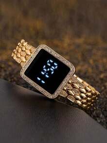 1pc Women's Casual Simple Fashion Digital Dial Fishscale Steel Band Rectangular Crystal Decorated Electronic Watch - Gold - View 2
