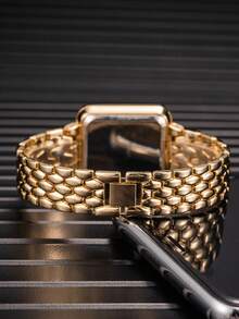 1pc Women's Casual Simple Fashion Digital Dial Fishscale Steel Band Rectangular Crystal Decorated Electronic Watch - Gold - View 4