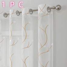 1 pieza Cortina blanca semi-transparente similar al lino con un patrón bordado floral, apta para la sala de estar y el dormitorio - Multicolor - Ver 1