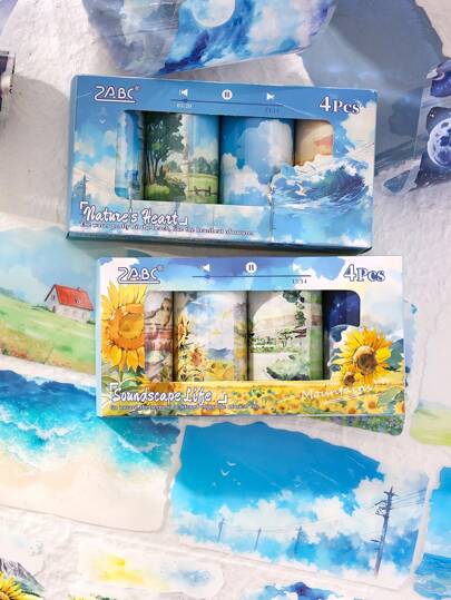 Bộ 4 Cuộn/Hộp Tranh Sơn Dầu Phong Cách Đồng Quê Nhàn Nhã Chống Thấm Nước Bằng PET, Thiết Kế In Phong Cảnh Đồng Quê Khác Nhau Cuộn Nhãn Dán Kích Thước Lớn, Dùng Để Làm Sổ Lưu Niệm Trang Trí Cảnh Quan Vật Liệu Băng Keo Làm Quà Tặng Cho Bạn Bè Trở Lại Trường Học